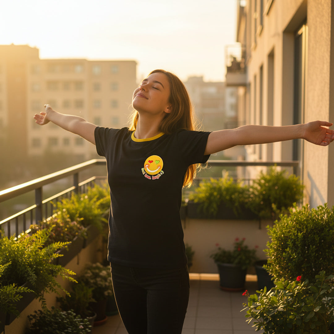 BoomGoo® T-shirt (unisex) "Happy" 19 Live! Love. Laugh ; ) - black