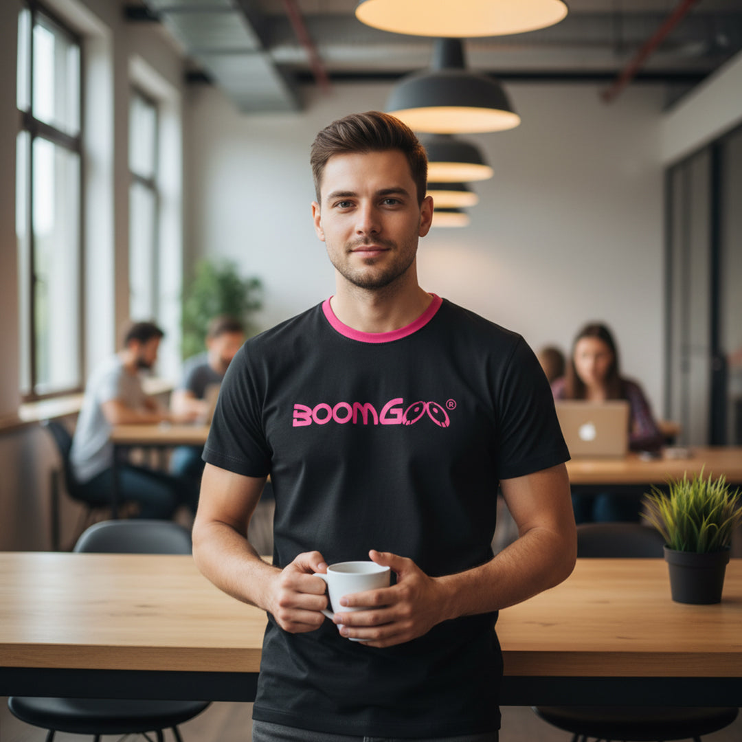 BoomGoo® T-shirt (unisex) cool brand logo I f fuchsia on black