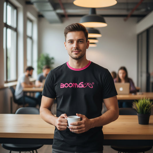 BoomGoo® T-shirt (unisex) cool brand logo I f fuchsia on black